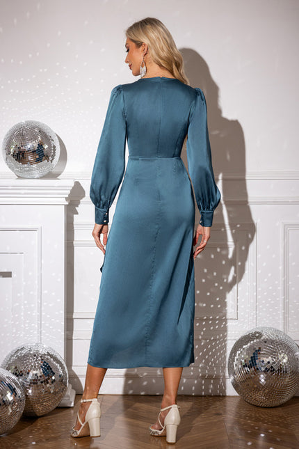 Robe Portefeuille Satin Bleu Canard - gallery 1