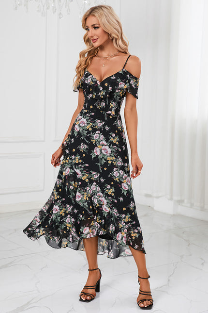 Robe Portefeuille Fleurie Noire - gallery 5