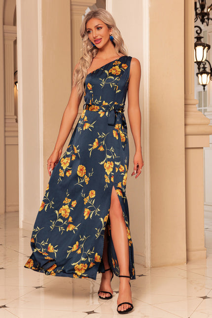 Robe Portefeuille Satin Bleu Floral
