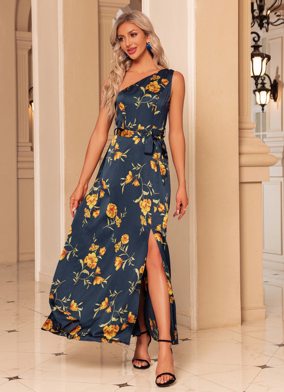 Robe Portefeuille Satin Bleu Floral