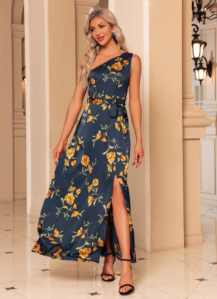 Robe Portefeuille Satin Bleu Floral