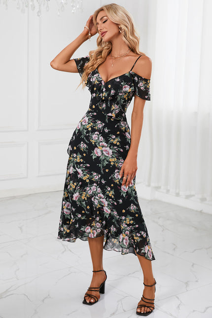Robe Portefeuille Fleurie Noire - gallery 4