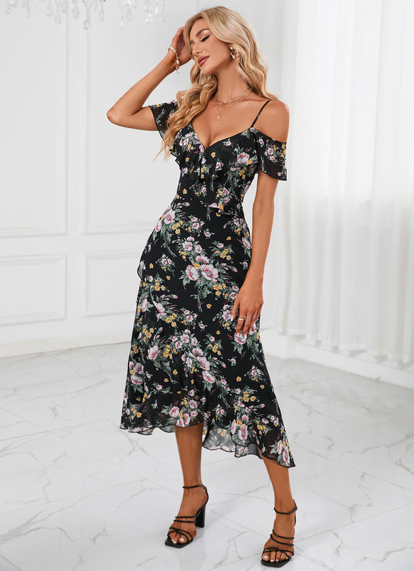 Robe Portefeuille Fleurie Noire - gallery 4