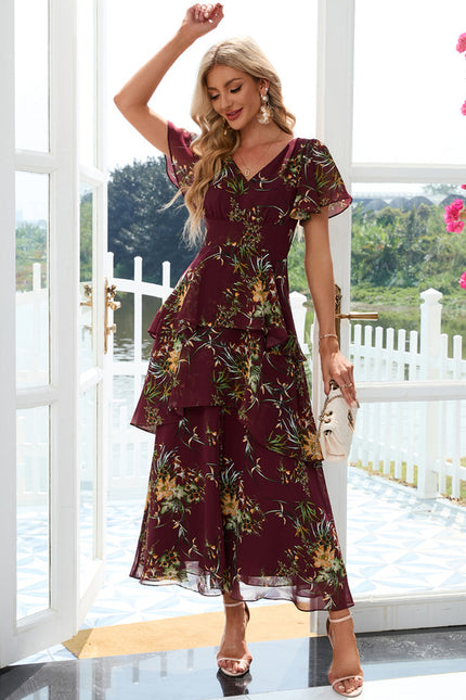 Robe Portefeuille Maxi Florale Bordeaux