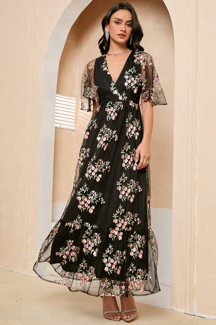 Robe Portefeuille Féerie Florale Noir - gallery 3