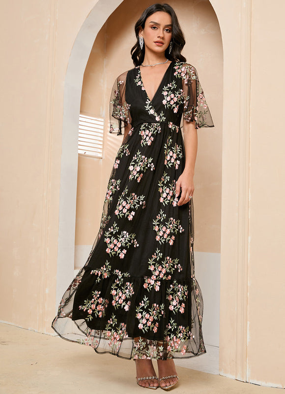 Robe Portefeuille Féerie Florale Noir - gallery 3