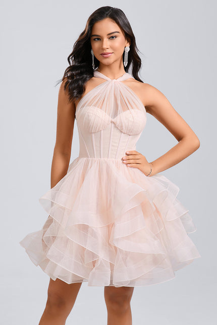 Robe Portefeuille Tulle Saumon Volants - gallery 2