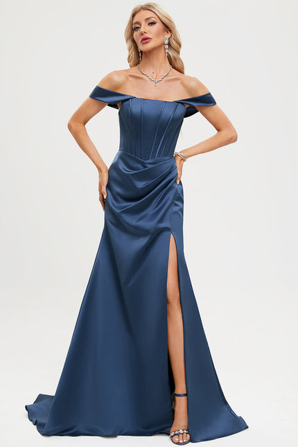 Robe Portefeuille Satin Bleu Élégant - gallery 2
