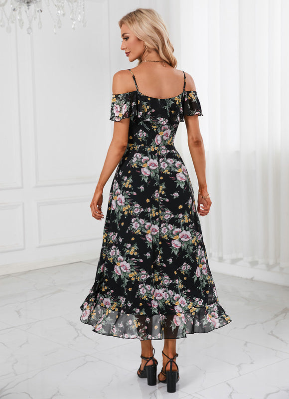 Robe Portefeuille Fleurie Noire - gallery 2