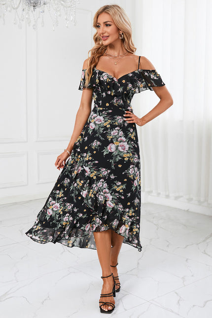 Robe Portefeuille Fleurie Noire - gallery 1