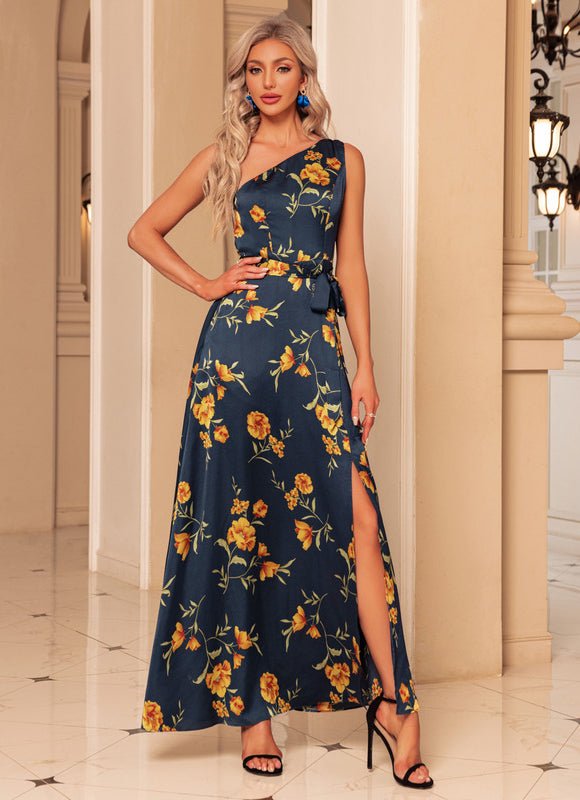 Robe Portefeuille Satin Bleu Floral - gallery 3