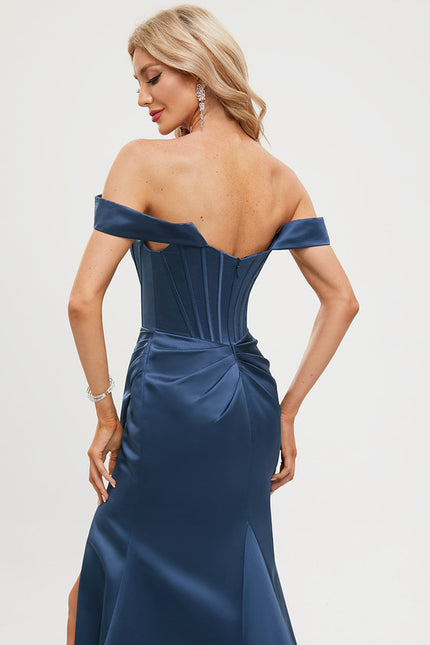 Robe Portefeuille Satin Bleu Élégant - gallery 1