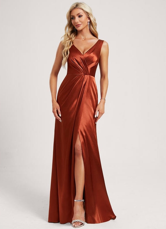 Robe Portefeuille Satin Rouille Élégante