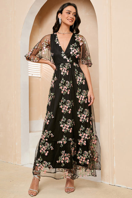 Robe Portefeuille Féerie Florale Noir - gallery 1