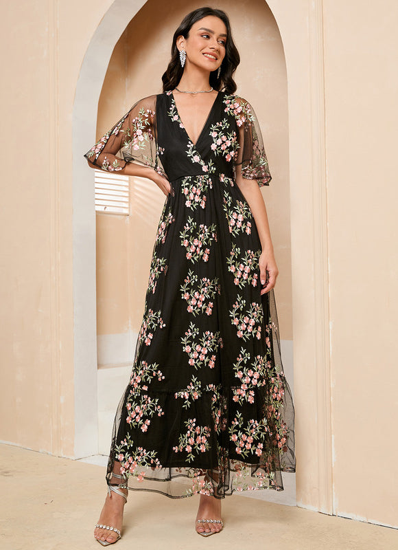 Robe Portefeuille Féerie Florale Noir - gallery 1