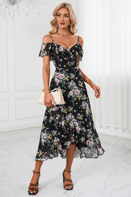 Robe Portefeuille Fleurie Noire