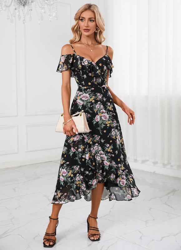 Robe Portefeuille Fleurie Noire