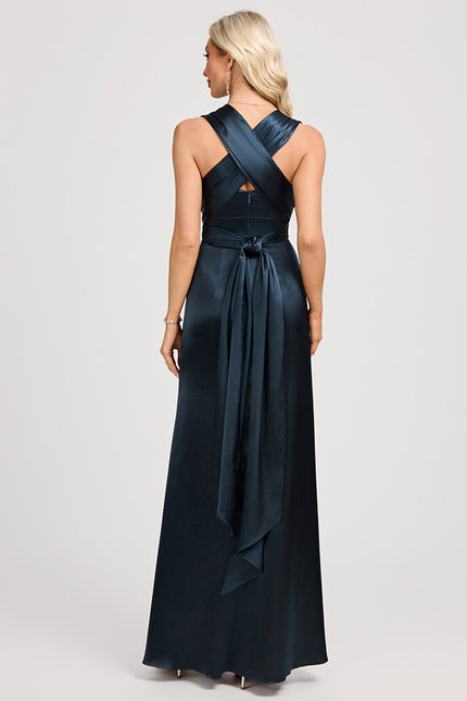 Robe Portefeuille Satin Bleu Nuit - gallery 5