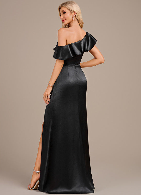 Robe Portefeuille Satin Noir Élégante - gallery 5