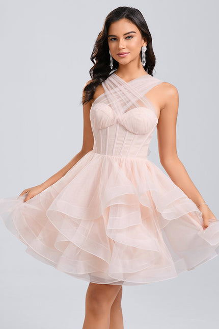Robe Portefeuille Tulle Saumon Volants - gallery 5