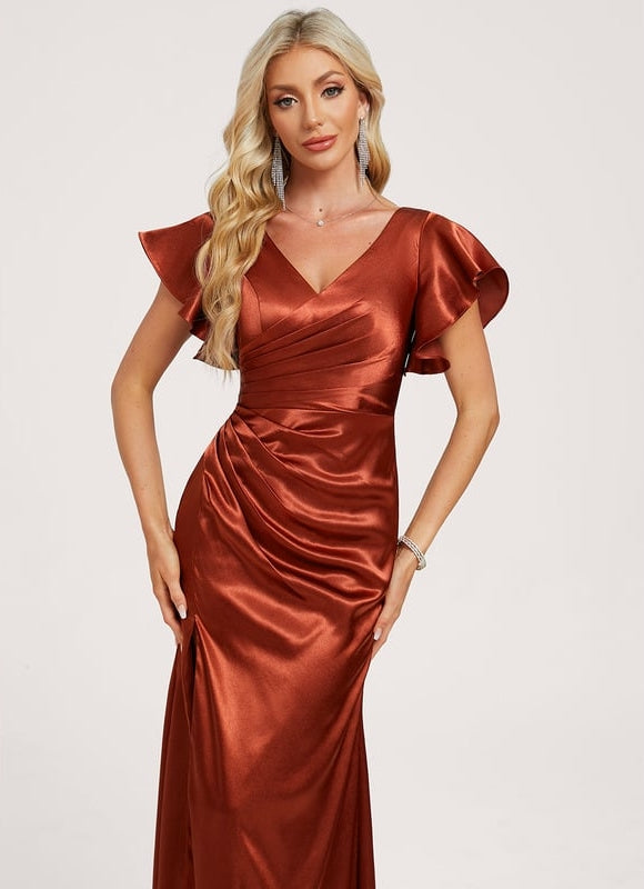 Robe Portefeuille Satin Rouille Élégante - gallery 4