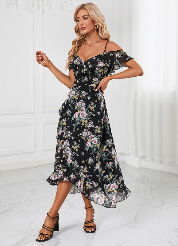 Robe Portefeuille Fleurie Noire - gallery 3