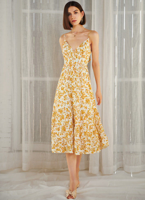 Robe Portefeuille Midi Jaune Floral - gallery 2