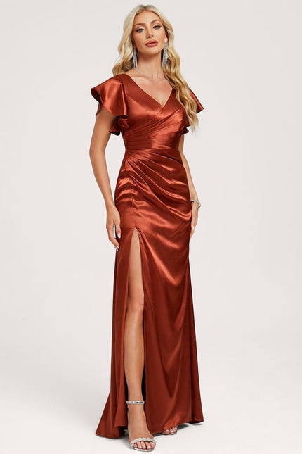 Robe Portefeuille Satin Rouille Élégante - gallery 3