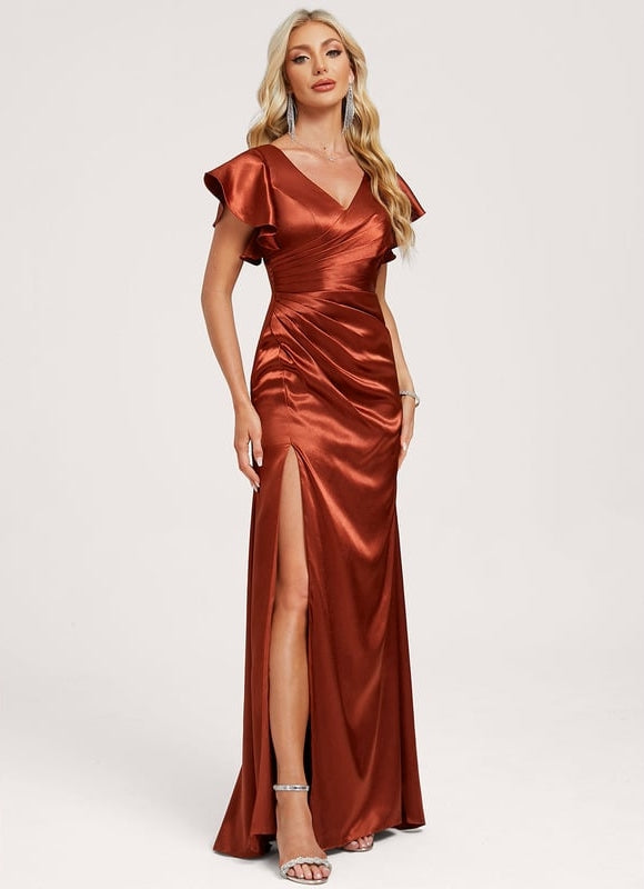 Robe Portefeuille Satin Rouille Élégante - gallery 3