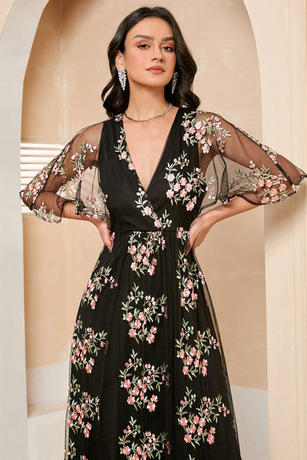 Robe Portefeuille Féerie Florale Noir - gallery 5