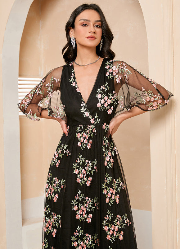 Robe Portefeuille Féerie Florale Noir - gallery 5