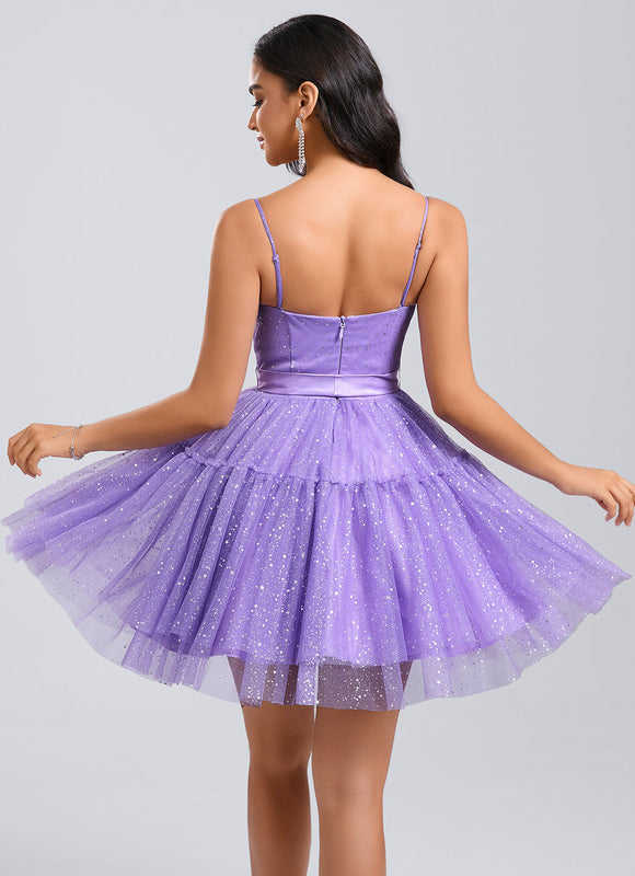 Robe Portefeuille Tulle Scintillante Violette - gallery 4