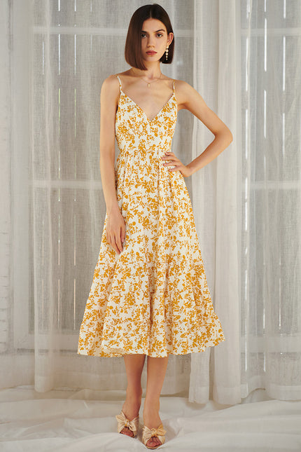 Robe Portefeuille Midi Jaune Floral