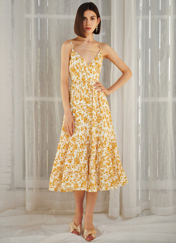 Robe Portefeuille Midi Jaune Floral