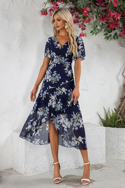 Robe Portefeuille Asymétrique Marine Florale - gallery 3