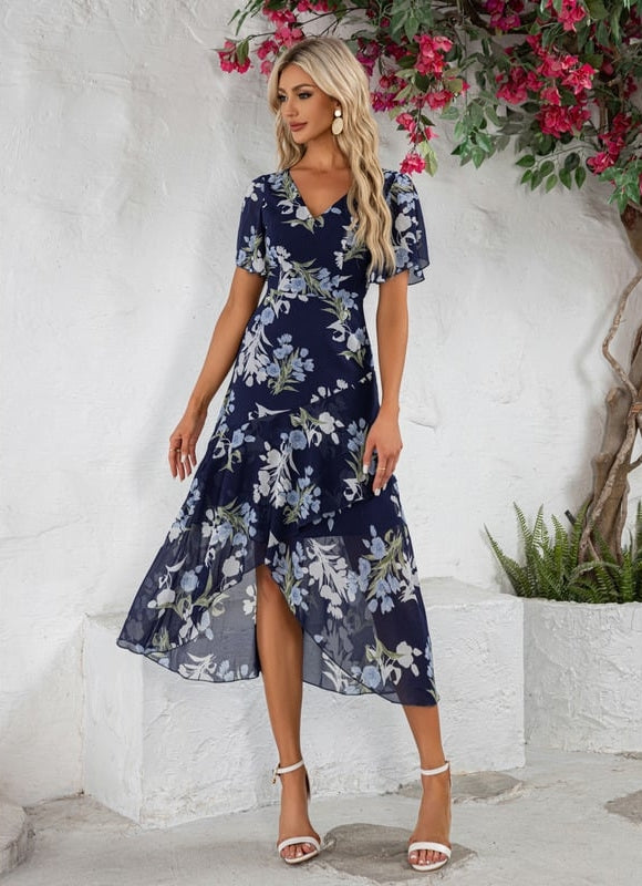 Robe Portefeuille Asymétrique Marine Florale - gallery 3