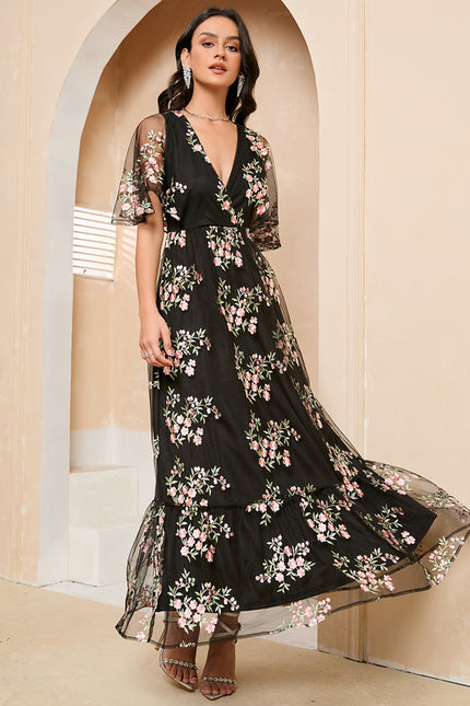 Robe Portefeuille Féerie Florale Noir - gallery 2