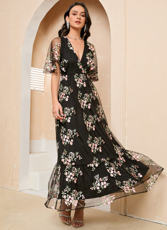 Robe Portefeuille Féerie Florale Noir - gallery 2