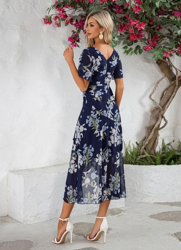 Robe Portefeuille Asymétrique Marine Florale - gallery 1